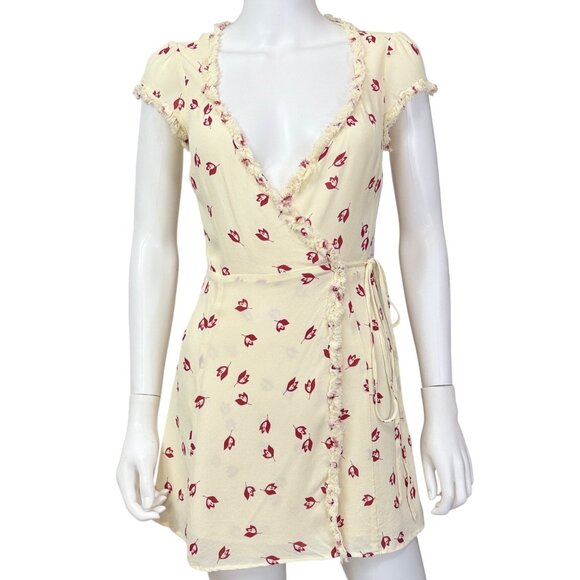 Reformation Dresses & Skirts - Reformation Wrap Dress Womens S Cream Red Floral Frayed Trim Viscose Short Sleev